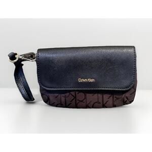 Calvin Klein Leather Wristlet Clutch Brown & Black Handbag Purse Preowned